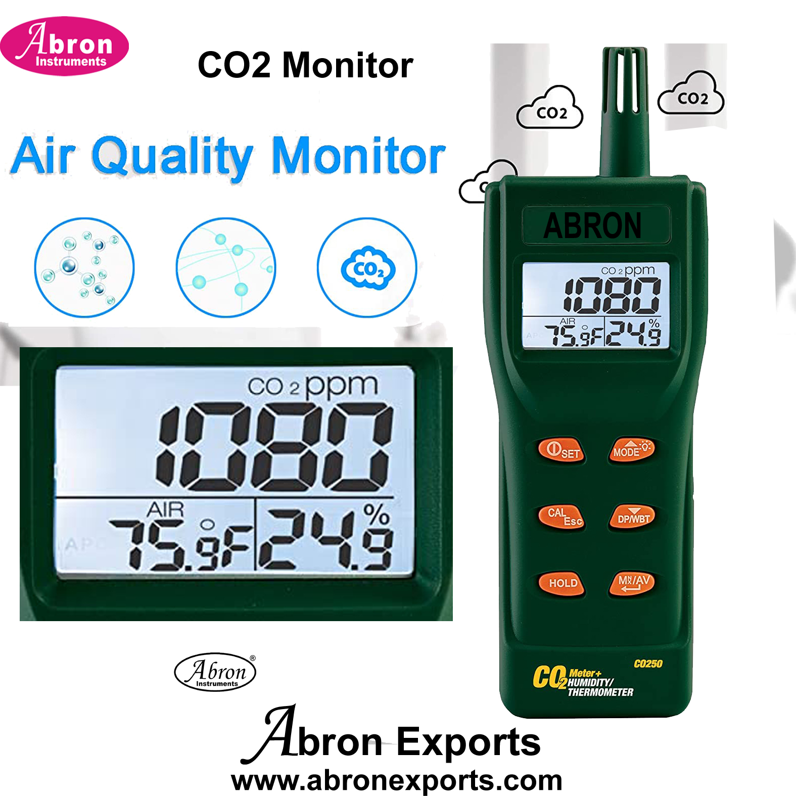 Air Quality CO2 Meter Digital LCD Portable CO250 Portable Indoor Data Logger Abron 78T-EX AM-130AQDE2 